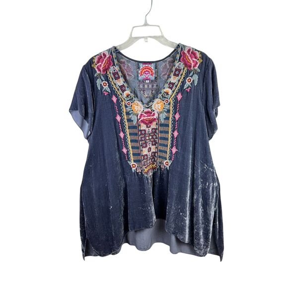 Johnny Was Cherelle Velvet Draped Top XL Gray Boho Chic Handkerchief Hem - Picture 1 of 5